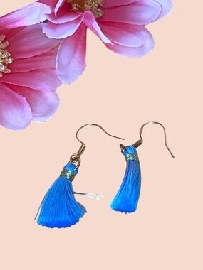 Blue Tassel Earrings  gold over silver, stamped .925